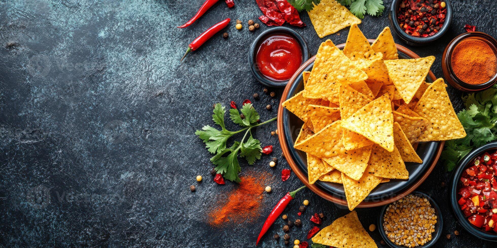 Enjoying a vibrant platter of nachos with assorted toppings and spices on a dark textured surface photo