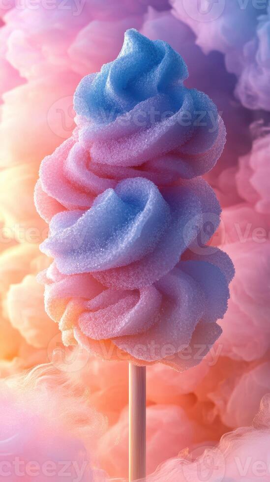 Colorful cotton candy on a stick against a dreamy, pastel background with soft clouds photo