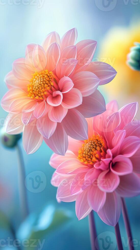 Pink dahlia flowers in soft light showcasing delicate petals and intricate details in a serene garden setting photo