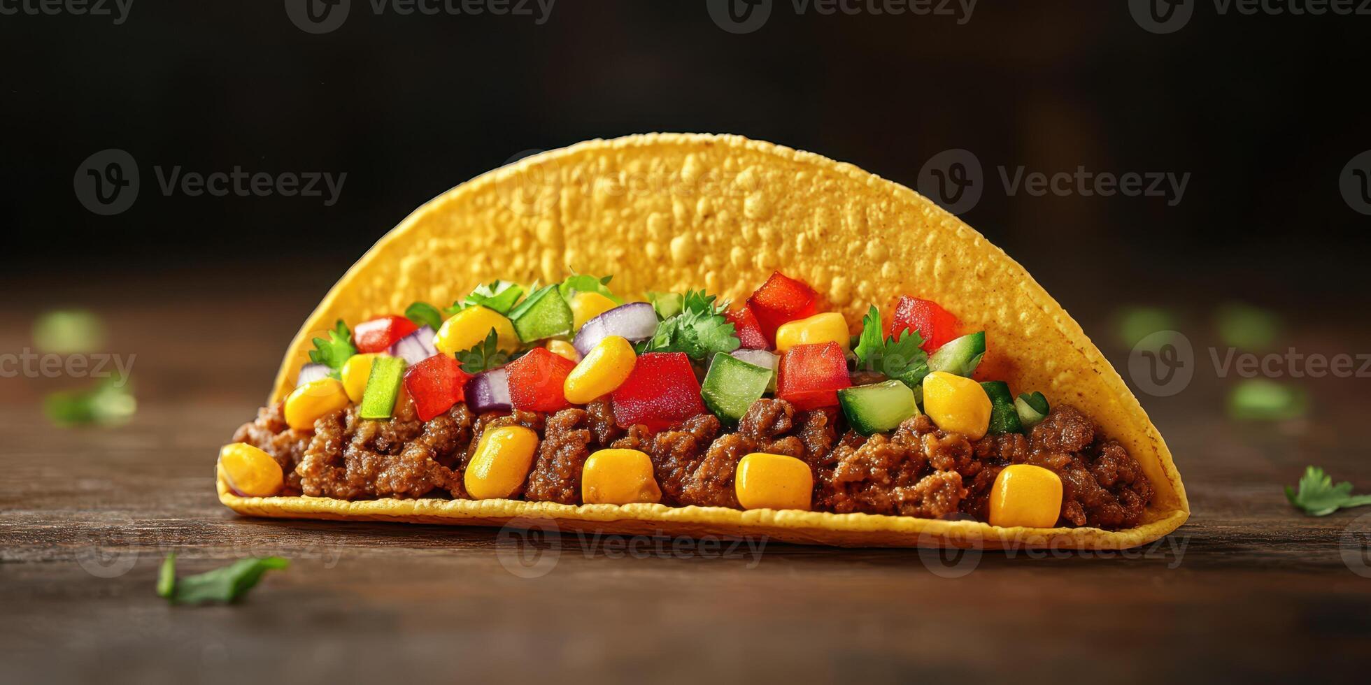 Delicious taco filled with seasoned beef, fresh vegetables, and corn on a rustic wooden table photo