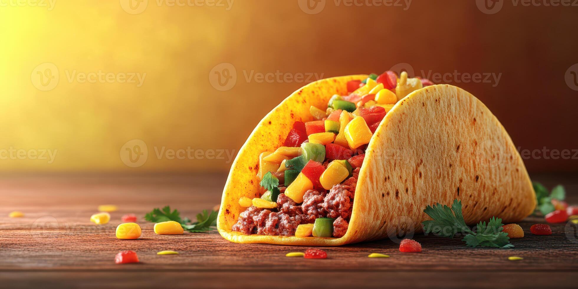 Colorful taco filled with meat and fresh vegetables on a wooden table photo