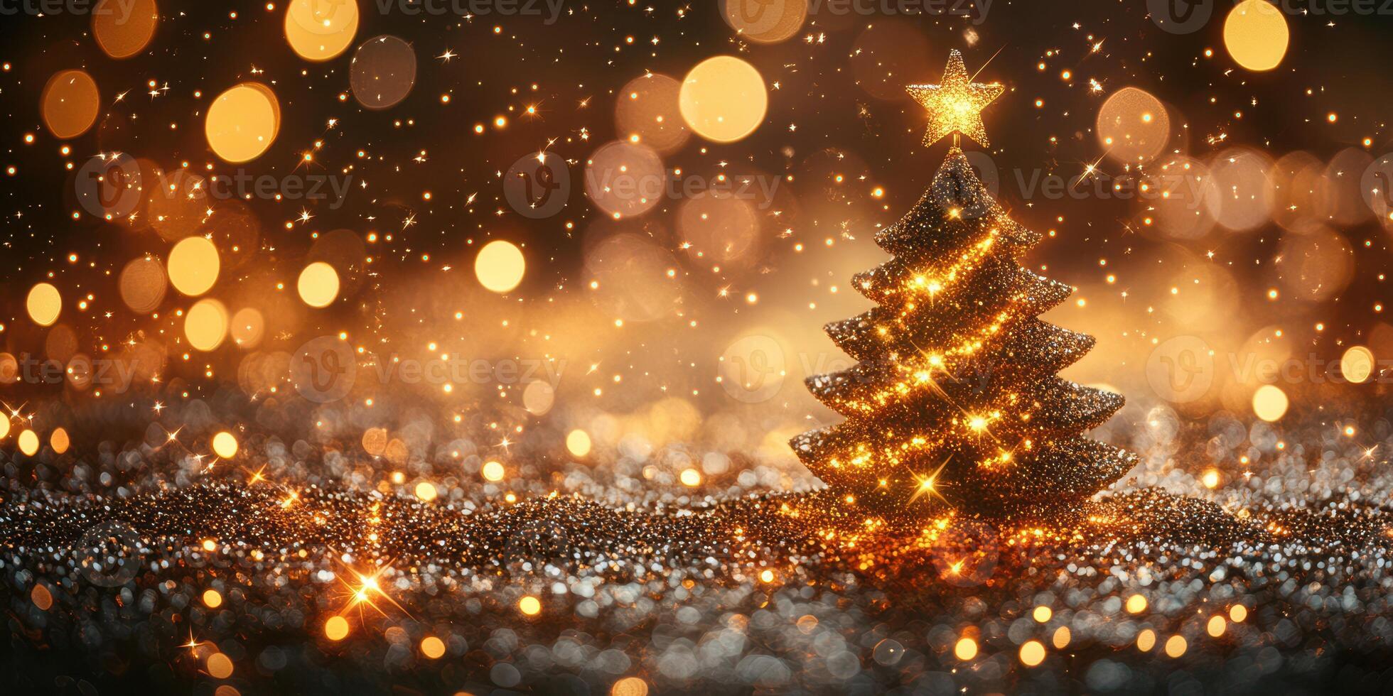 Christmas tree decorated with lights and sparkling ornaments set against a shimmering golden background in festive spirit photo