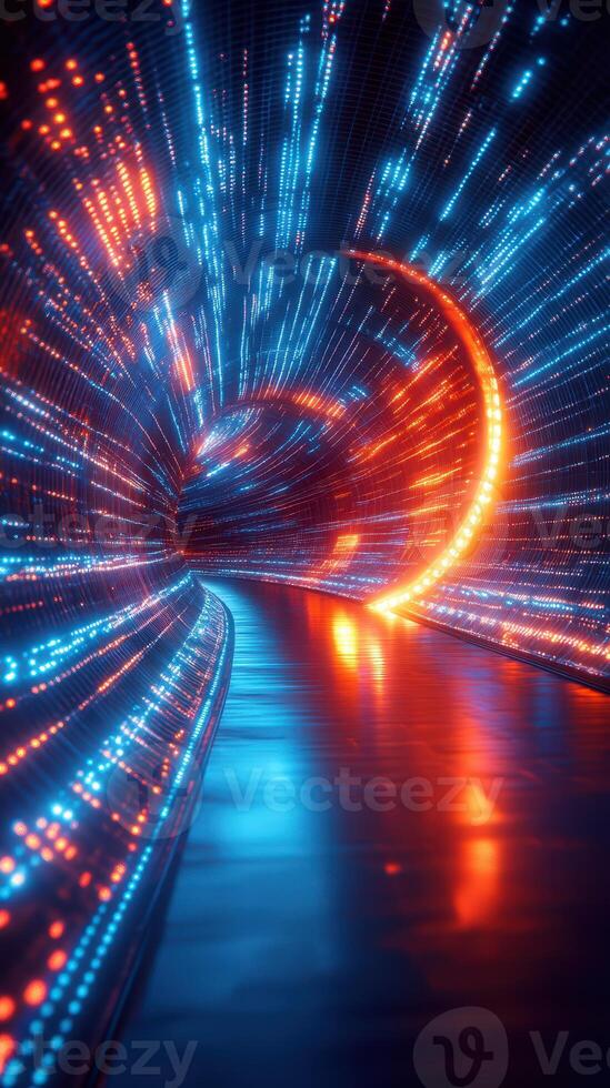 Vibrant neon tunnel illuminated by dynamic lights and colors in a futuristic setting photo