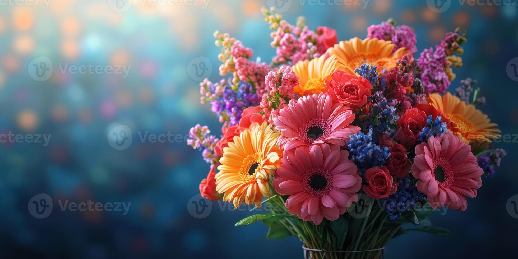Vibrant bouquet of assorted flowers in a decorative vase against a blurred colorful background photo