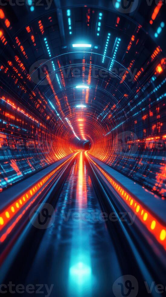 Futuristic tunnel with glowing lights creating a vibrant and dynamic visual experience at high speed photo