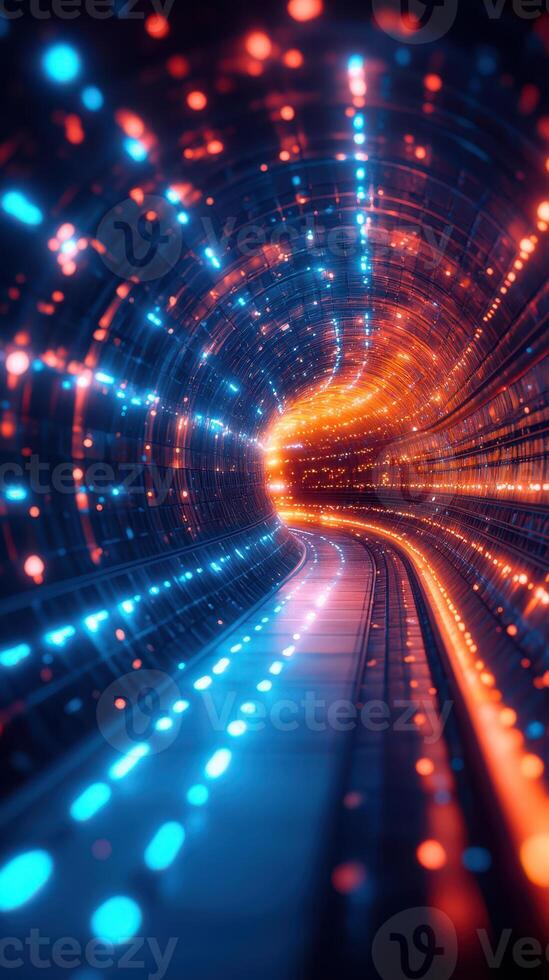 Colorful digital tunnel with glowing lights and flowing patterns in vibrant blue and orange hues photo