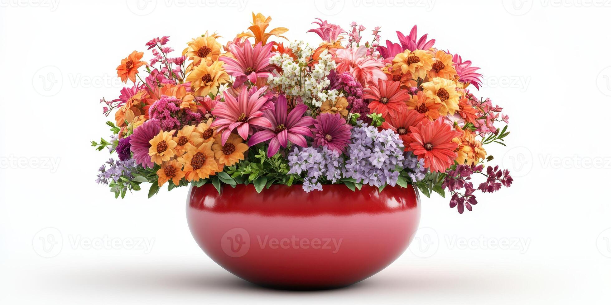 Bright and vibrant floral arrangement with assorted flowers in a red bowl during springtime photo