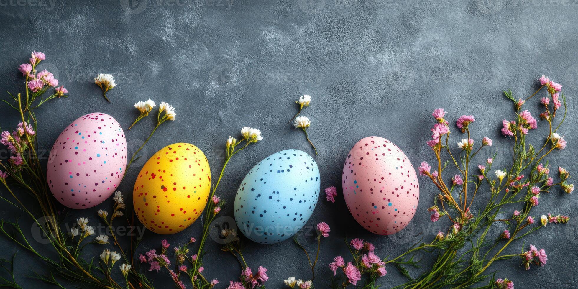Colorful Easter eggs arranged with flowers on a gray background for seasonal celebration in spring photo