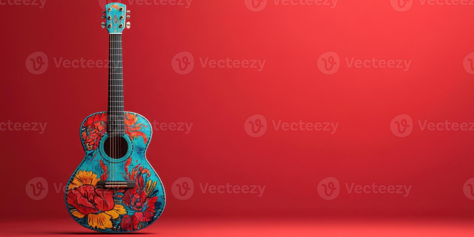 Colorful acoustic guitar with floral design set against a vibrant red background showcasing artistic craftsmanship photo