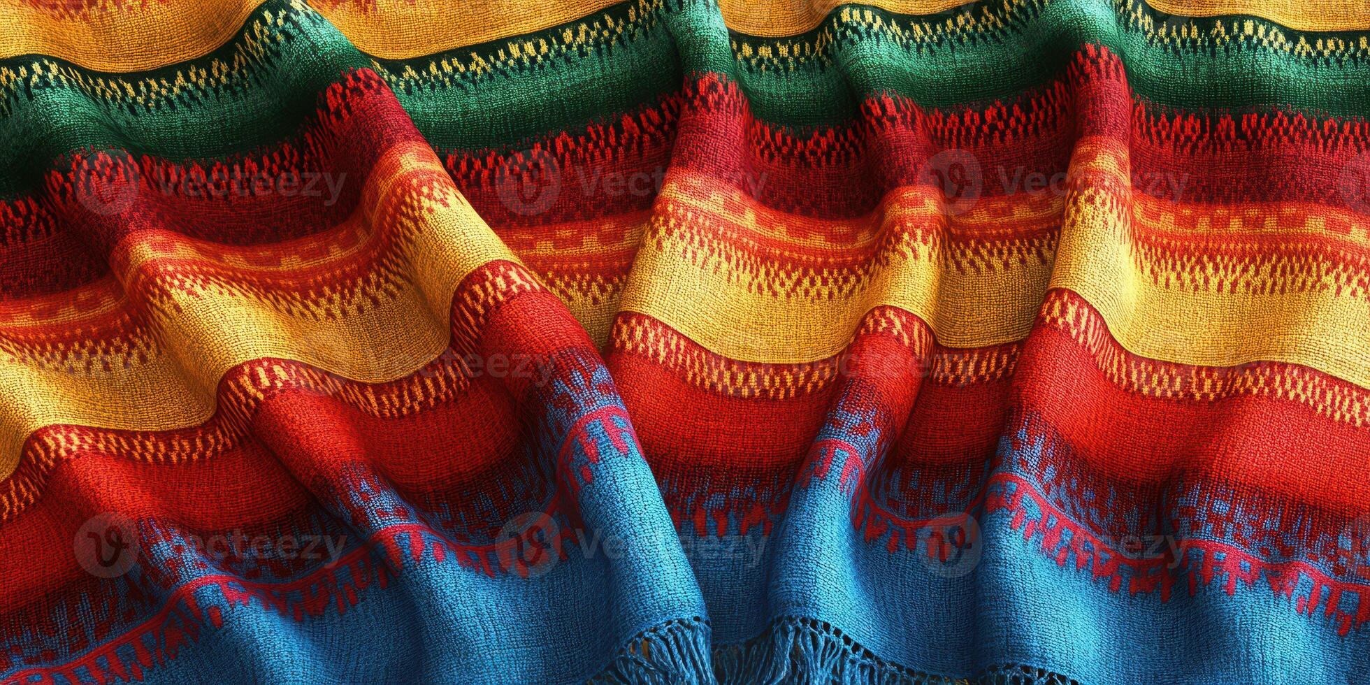 Colorful woven blanket displayed on a surface featuring vibrant patterns and textures in a cozy setting photo