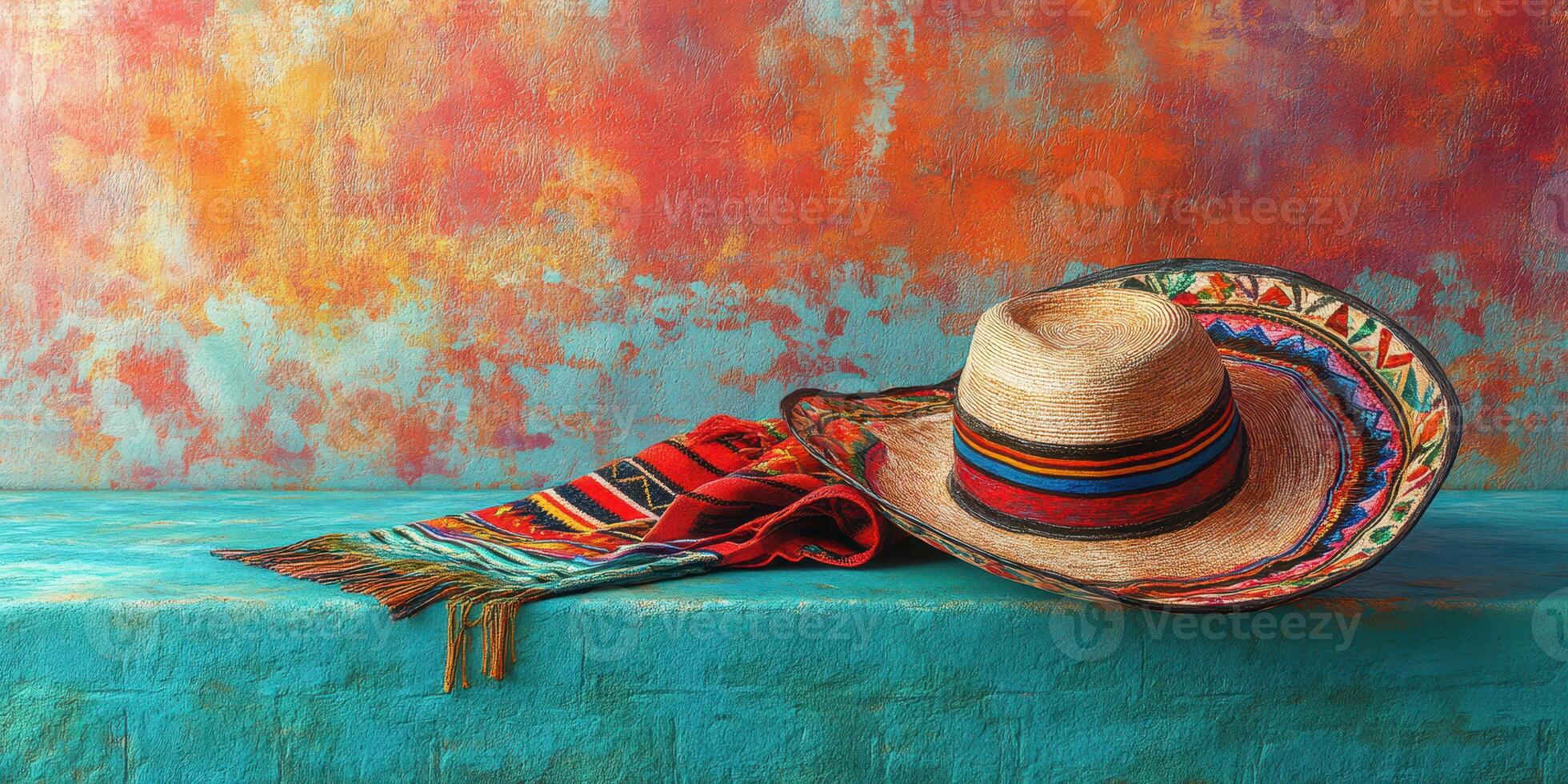 Colorful traditional hat and shawl displayed against a vibrant textured background in a cozy setting photo