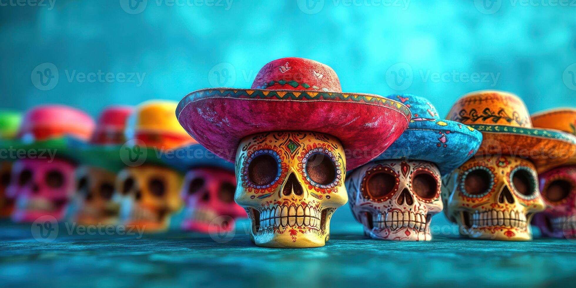 Colorful sugar skulls with sombreros in a vibrant setting during a celebration photo