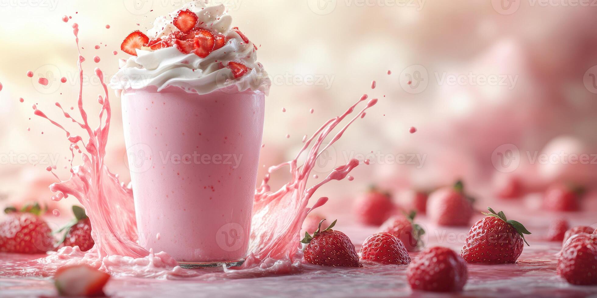 Delicious pink milkshake splashing with fresh strawberries during a sunny afternoon photo