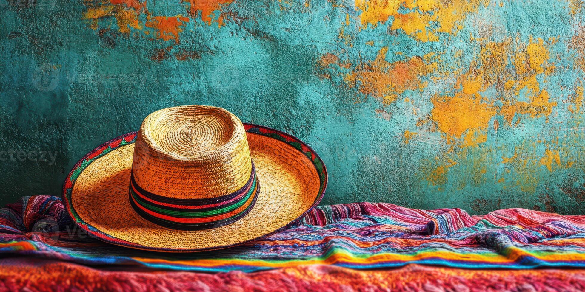 Colorful straw hat and woven blanket against a textured wall in a vibrant setting photo