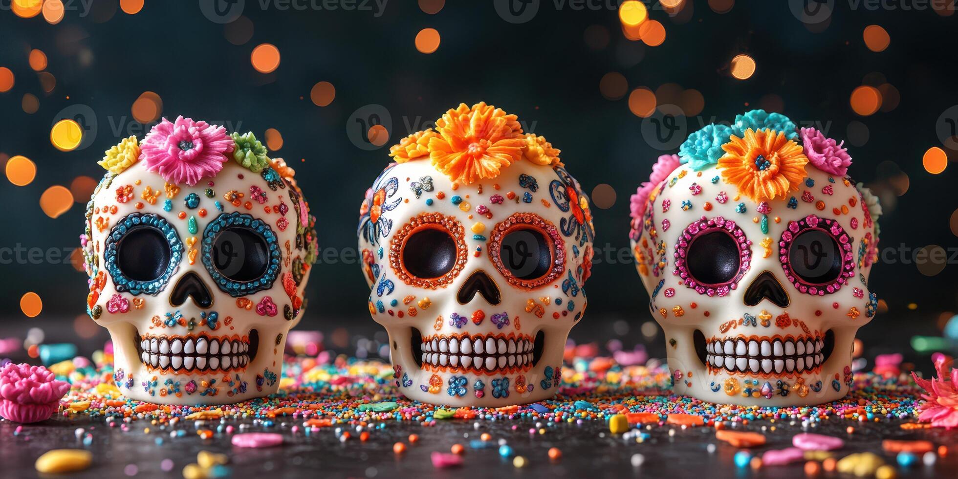 Colorful sugar skulls arranged on a festive table with vibrant decorations for a celebration photo