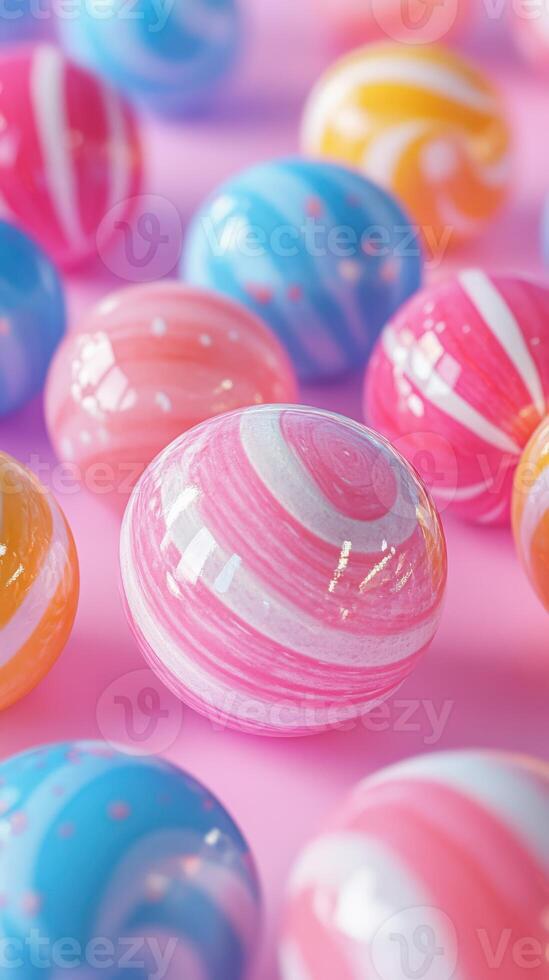Colorful marble-like spheres scattered on a pink surface create a vibrant and playful atmosphere for artistic design photo