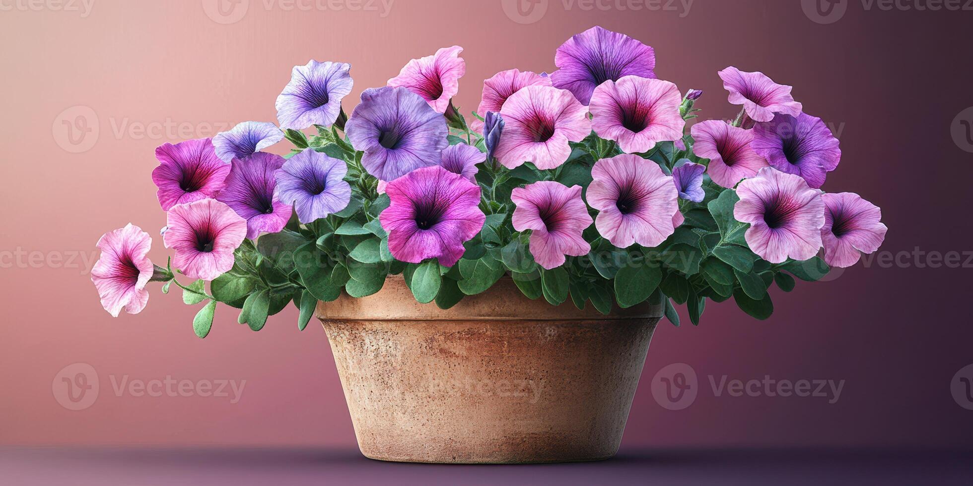 Colorful petunias in a rustic pot against a gradient background showcasing spring beauty photo