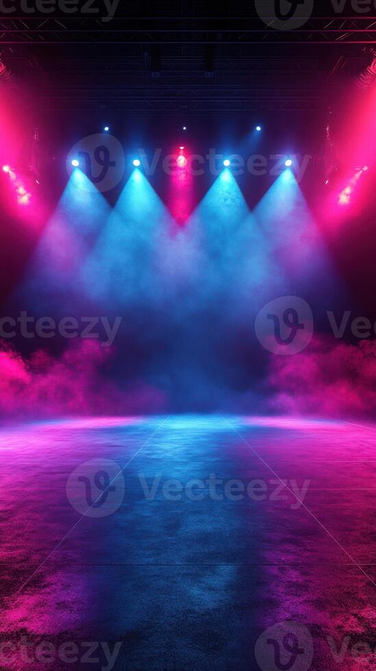 Colorful stage lights illuminate an empty performance space in a vibrant atmosphere photo