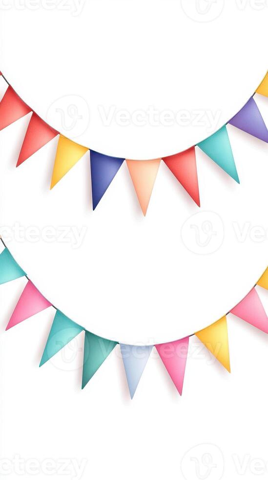 Colorful triangular pennants hanging against a plain white background for festive decoration and celebration photo