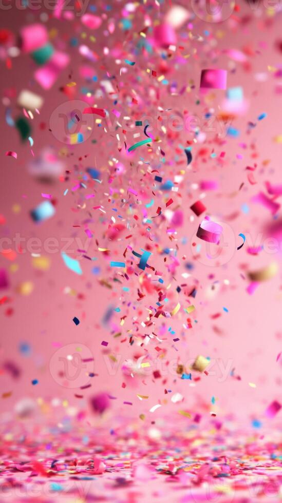 Brightly colored confetti falling against a pink background during a festive celebration photo