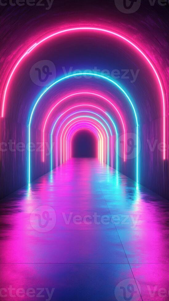 Vivid neon lights illuminate a colorful corridor in a modern urban setting during the night photo