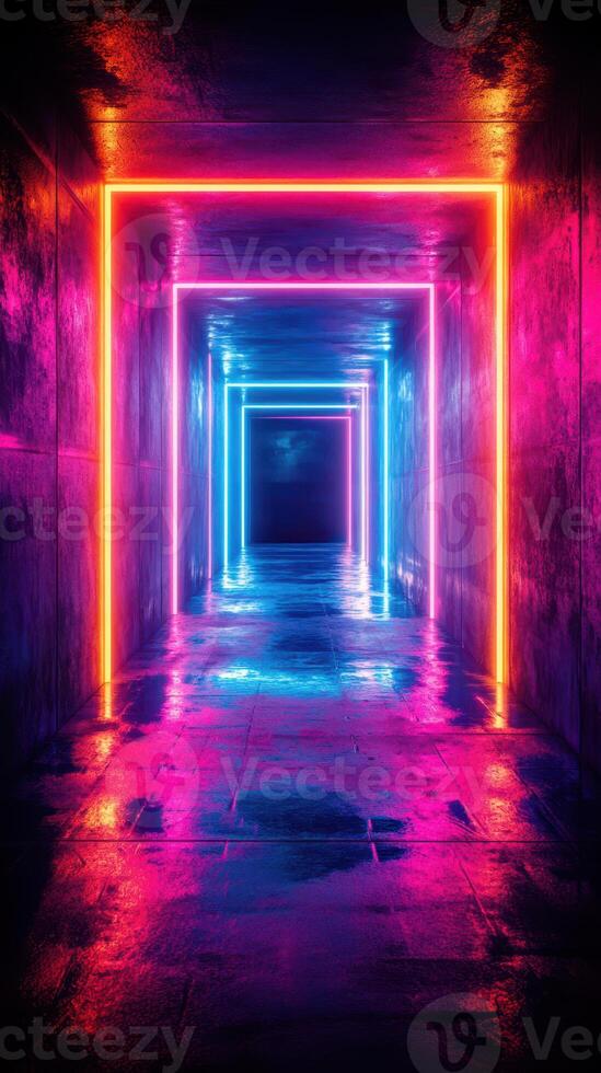 Pulsating neon lights create a vibrant corridor in an abstract space during night hours photo