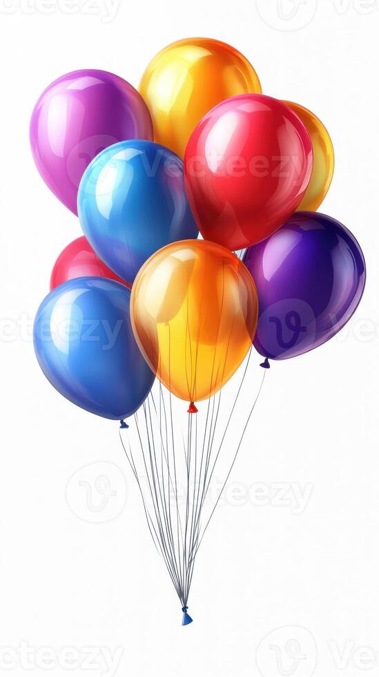 Colorful helium balloons floating together during a festive celebration in bright cheerful sunlight photo