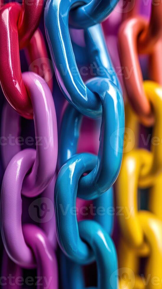 Colorful plastic chains hanging together in vibrant hues create a striking visual display indoors photo