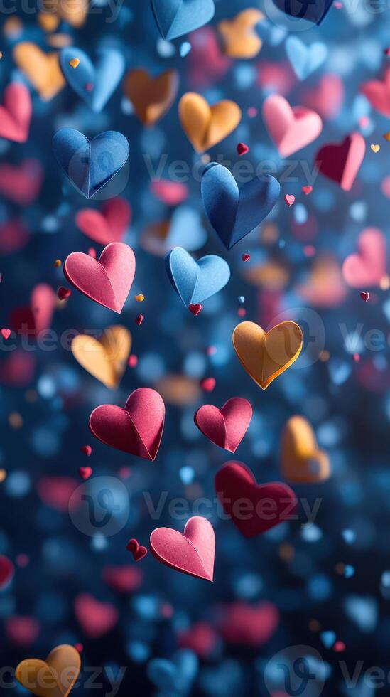 Colorful hearts floating in a dreamy background create a festive atmosphere for celebrations and special occasions photo