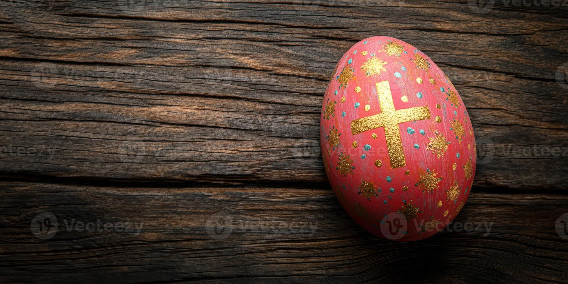 Beautifully decorated Easter egg resting on a rustic wooden table with a golden cross and colorful designs photo