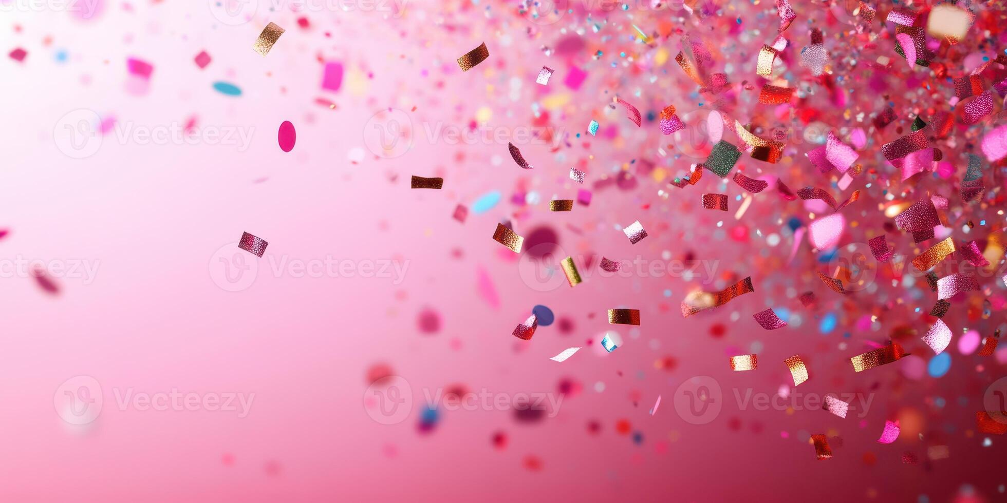 Colorful confetti falling against a pink background during a celebration event, adding excitement to the atmosphere and creating a festive mood photo