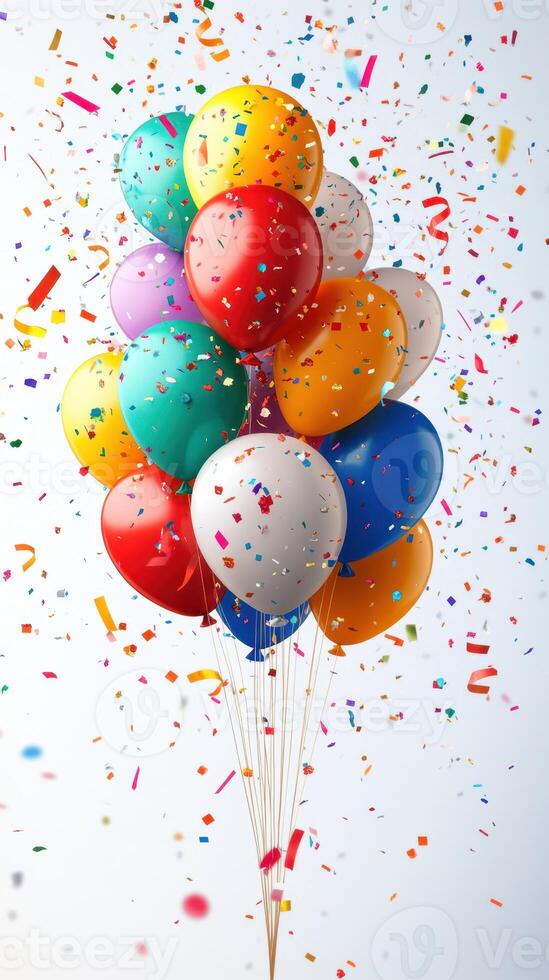 Colorful balloons float against a backdrop of confetti, bringing joy to celebrations and special occasions worldwide photo