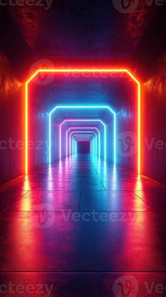 Neon-lit corridor featuring vibrant blue and pink lights with reflective surfaces in a dark environment photo