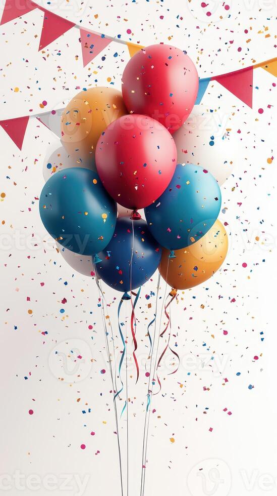 Colorful balloons and confetti create a festive atmosphere for a celebration in a lively space photo