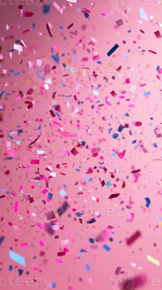 Colorful confetti falls against a pink background during a festive celebration or party time in an indoor setting photo