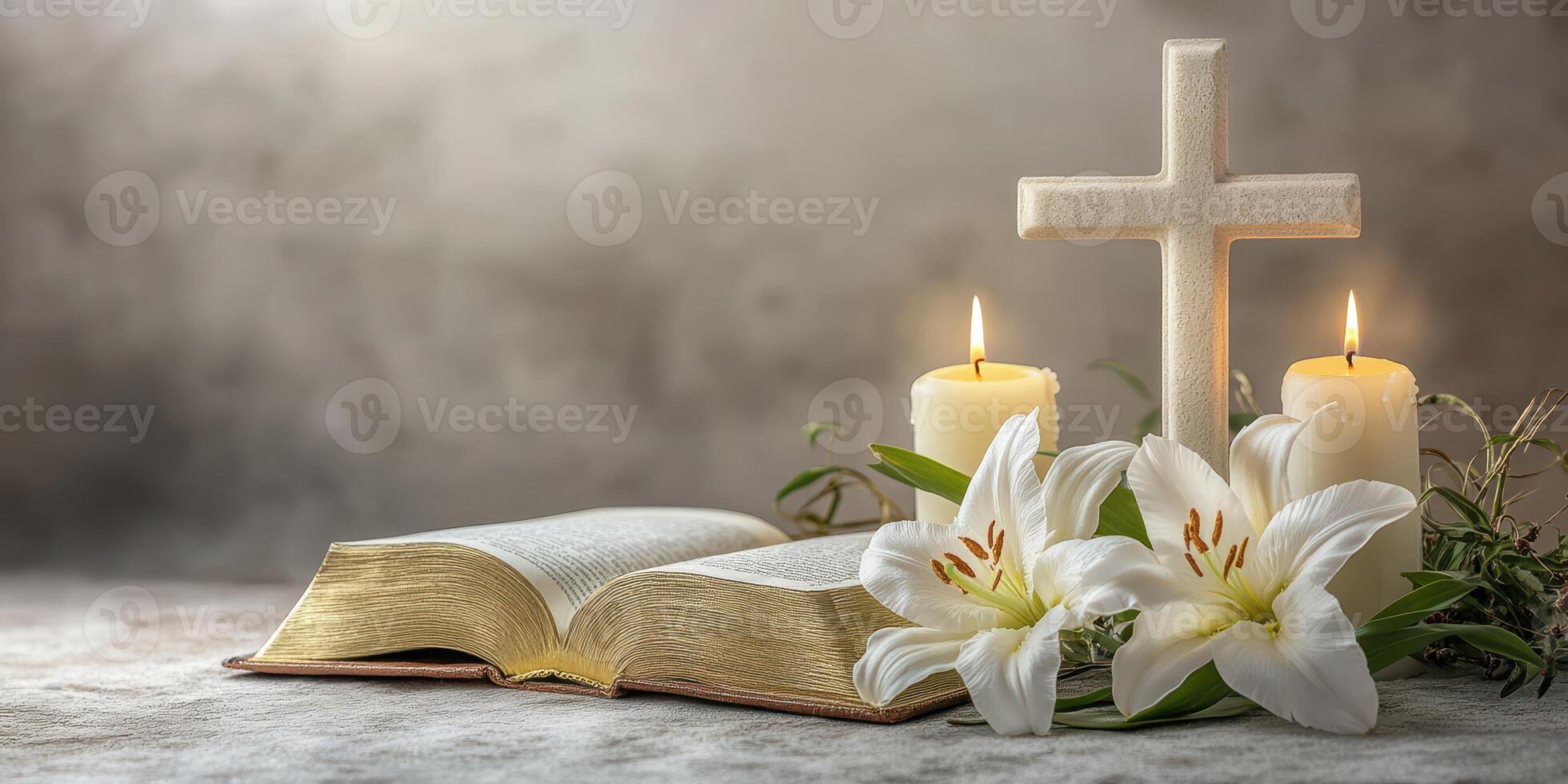 Elegant display of a Bible, white lilies, and candles, symbolizing peace and reflection in a serene setting photo