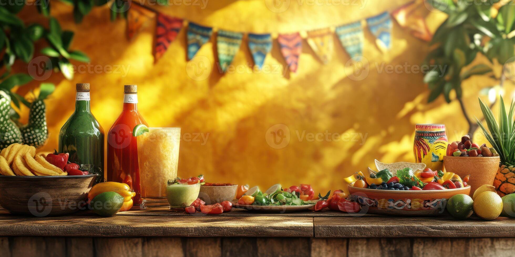 Colorful fruit and beverage display at a festive gathering with a vibrant backdrop and decorations photo