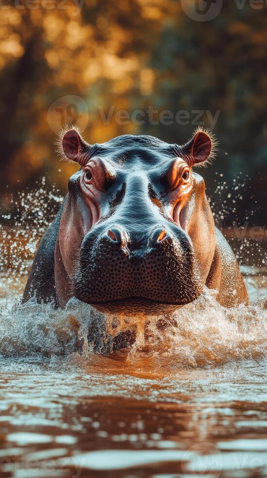 Hippo splashing through water in the early evening light showcasing powerful presence and natural habitat photo