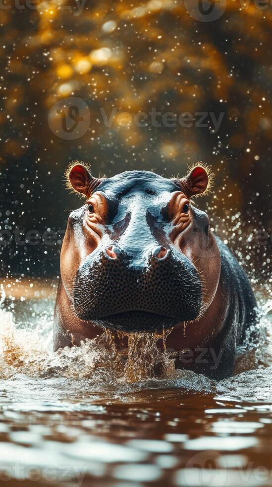 Hippo splashes through water in river during golden hour, showcasing its powerful presence and natural habitat photo