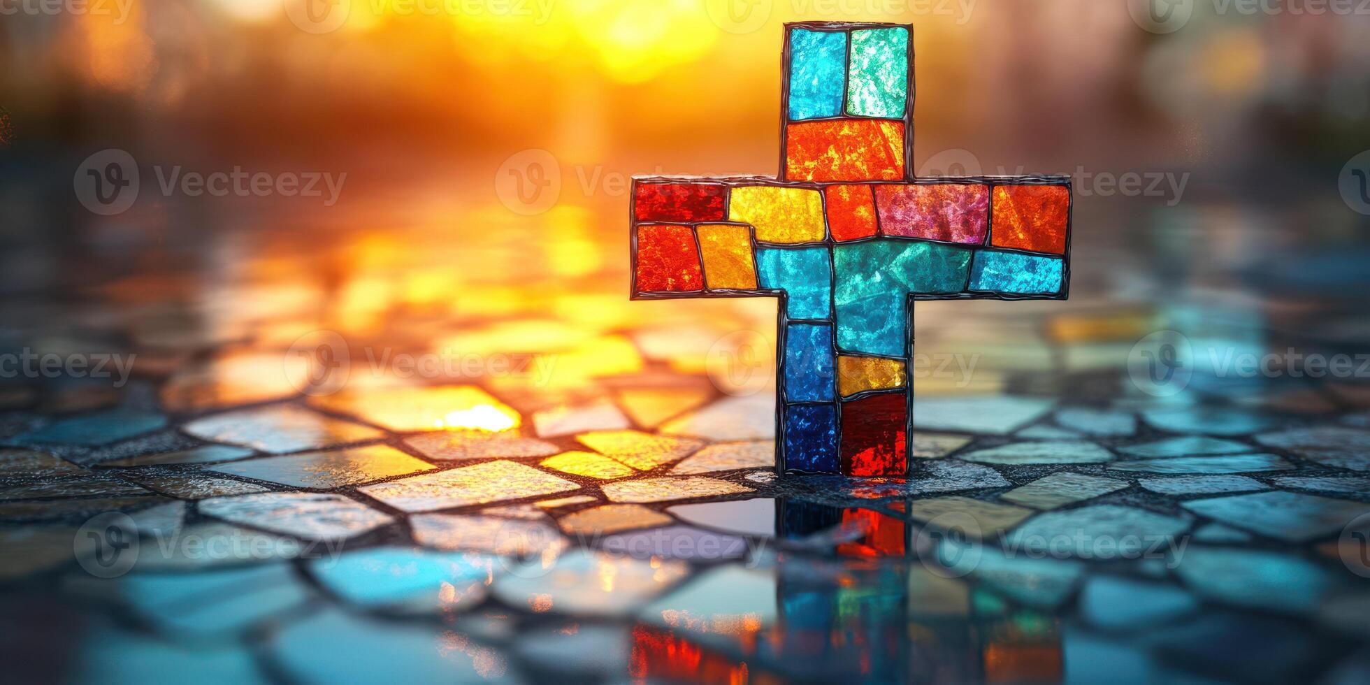 Colorful stained glass cross stands on a mosaic surface as sunlight creates a warm atmosphere during sunset photo