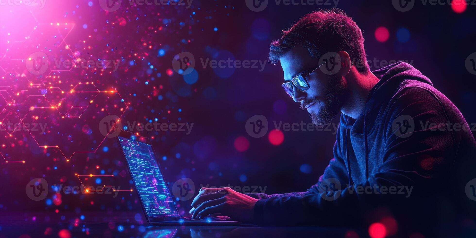 Tech enthusiast coding in a dark room illuminated by colorful abstract lights during the night photo