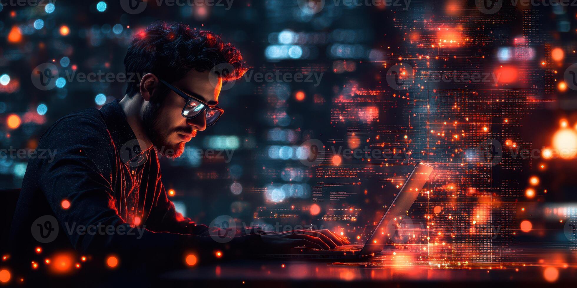 Focused programmer working late at night in a modern office with glowing screens and digital effects photo