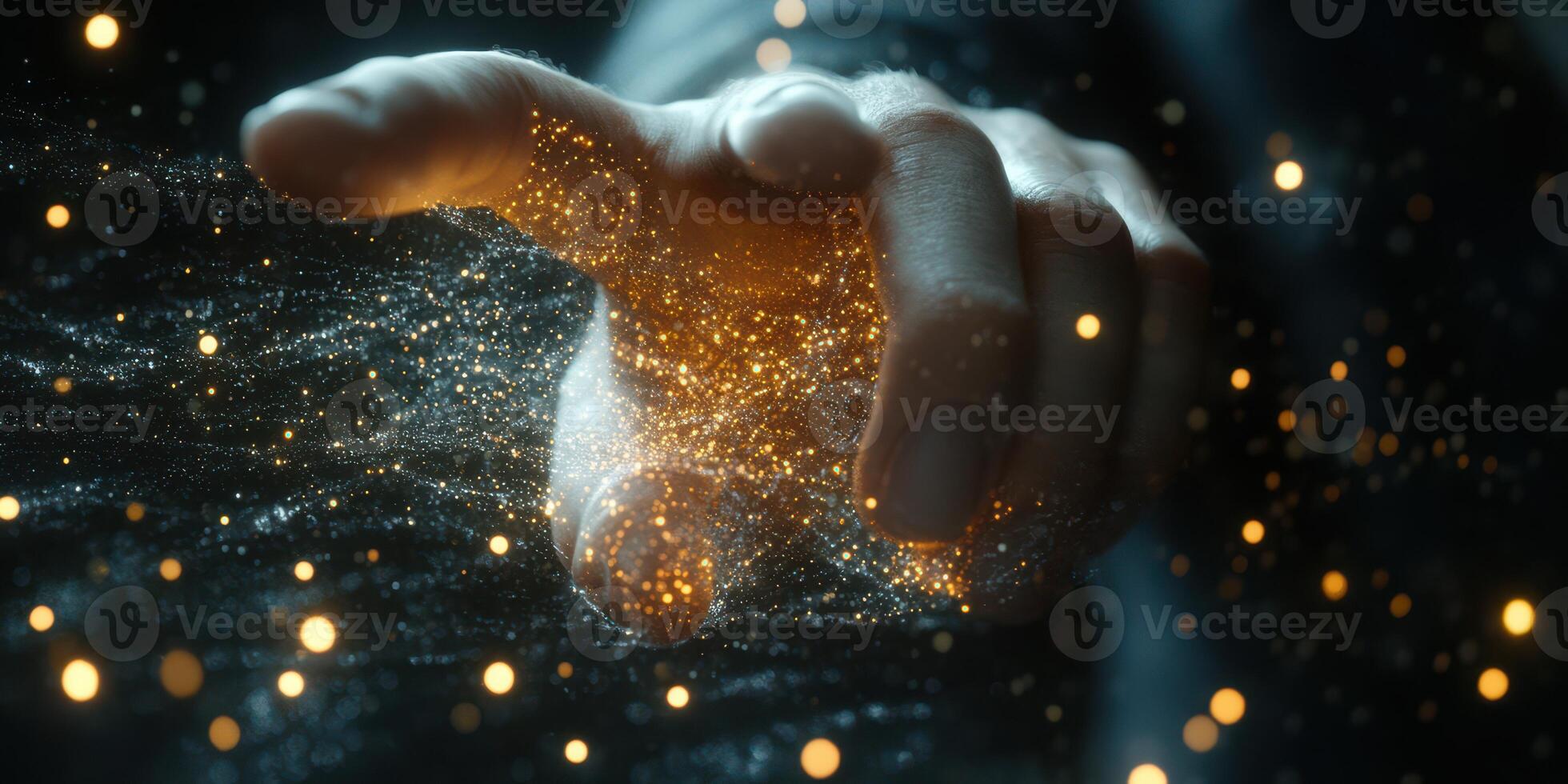 Hand reaching towards glowing particles in a futuristic environment during a creative exploration of technology photo