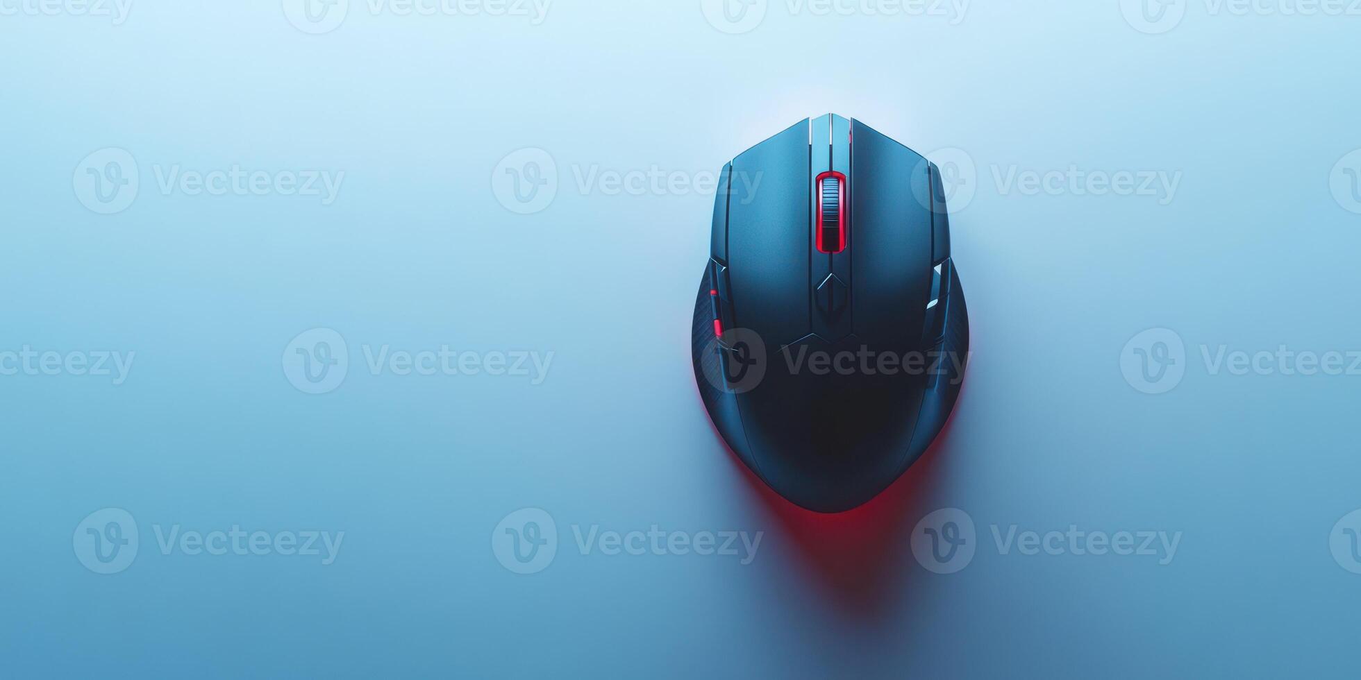 Modern gaming mouse positioned on a sleek surface with a subtle color gradient highlighting its design features photo