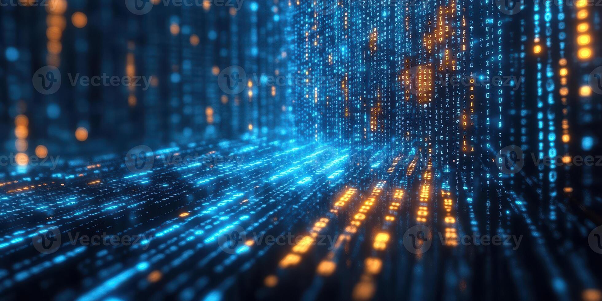 Colorful binary matrix streaming through a digital corridor, representing data and technology in a futuristic setting photo