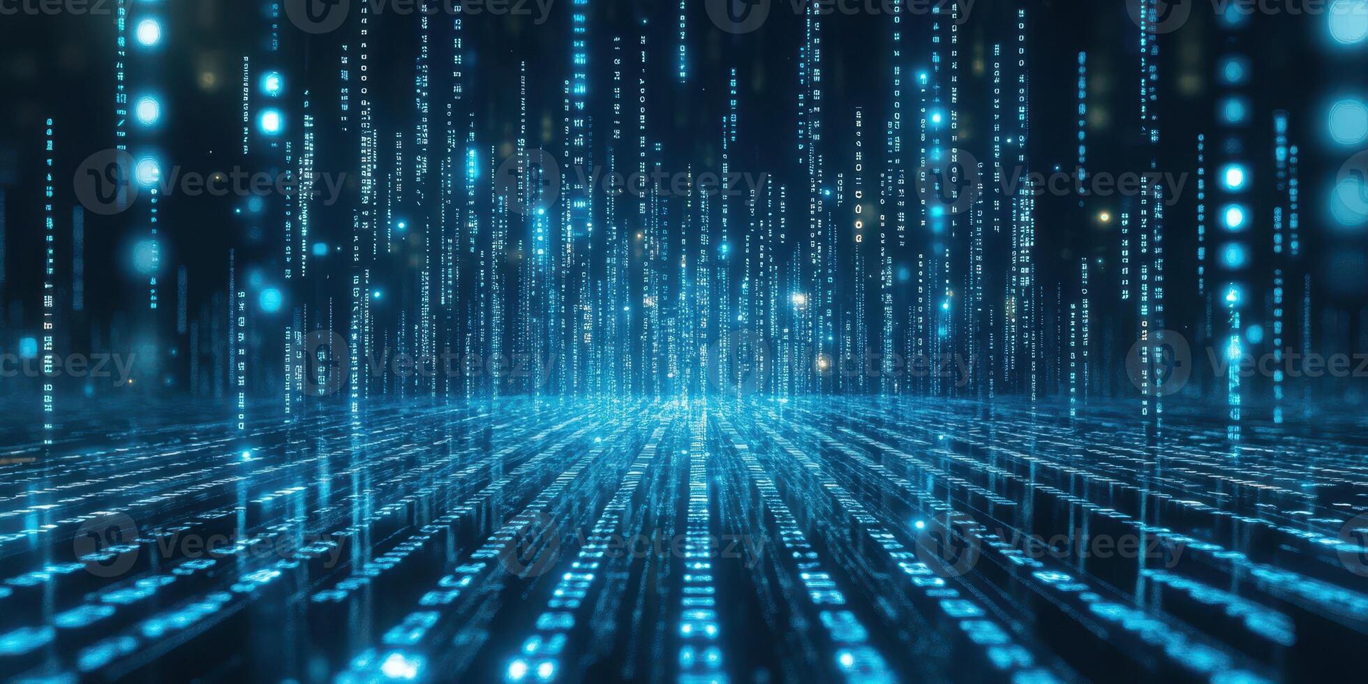 Digital landscape with bright blue data streams flowing across a futuristic space photo