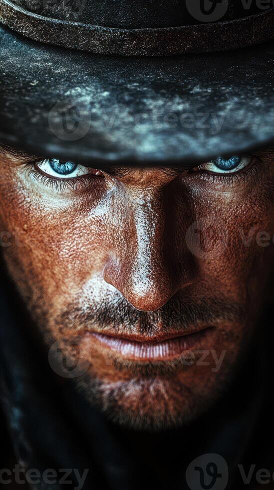 Intense close-up of a rugged cowboy with striking blue eyes under a dark hat against a dramatic backdrop photo