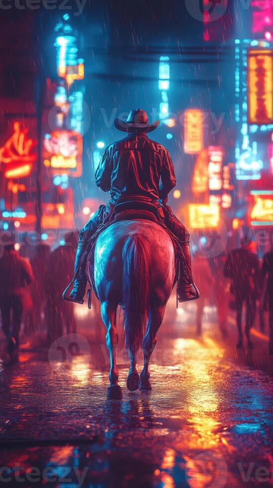 Cowboy riding a horse through a neon-lit street in the rain at night photo