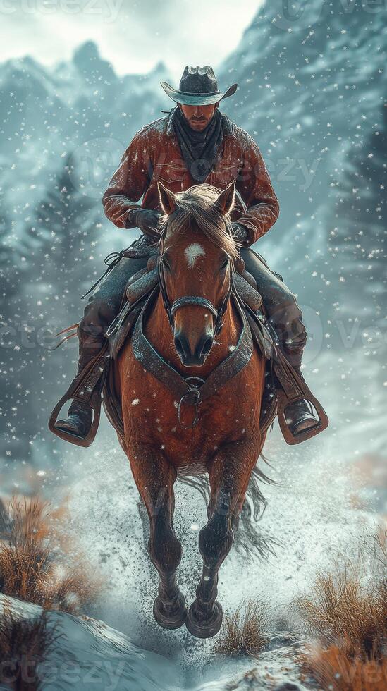 Cowboy rides horse through a snowy landscape in a mountainous region during winter photo