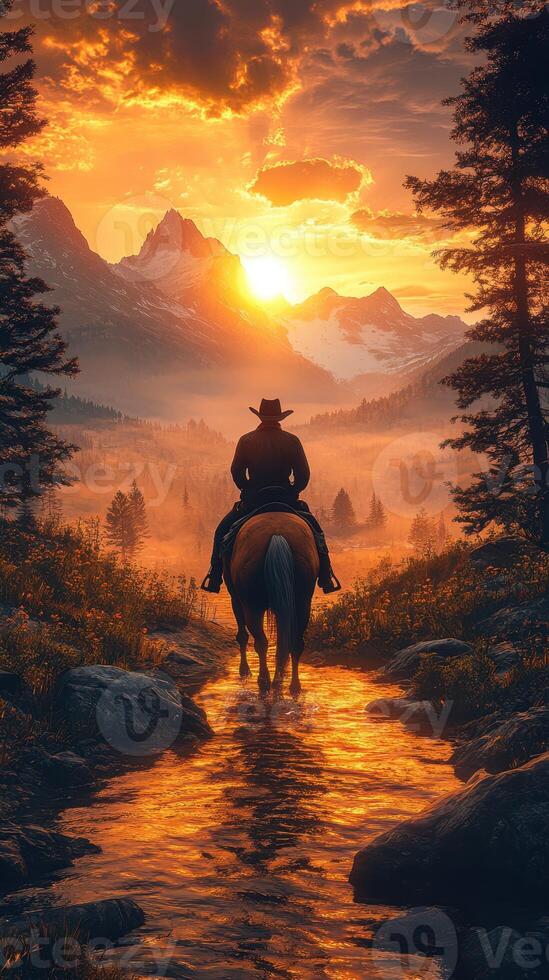 Horse rider enjoys sunset reflections in a serene mountainous landscape with trees and a flowing river photo